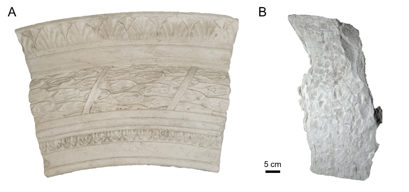 Desquamation de la surface sculptée d’un claveau en marbre de Carrare